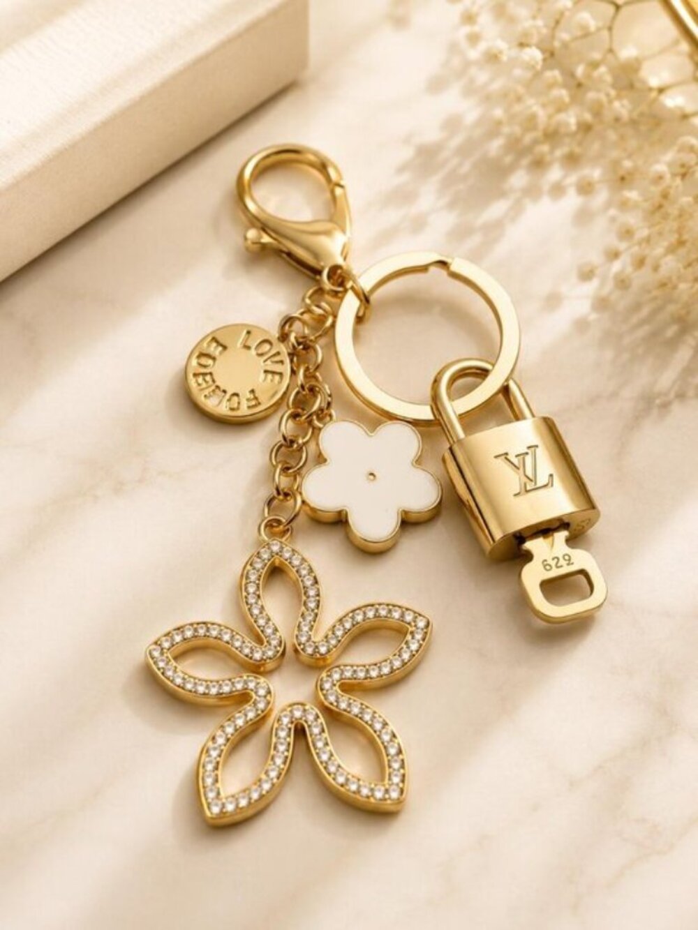 Authentic Louis Vuitton Gold Lock & Key 🔑 Bag Charm w/ Unbranded Clover Charm